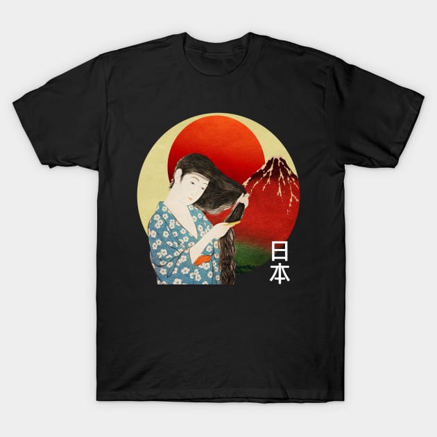 Japanese Woman Combing Hair Mount Fuji T-Shirt by Bluepress